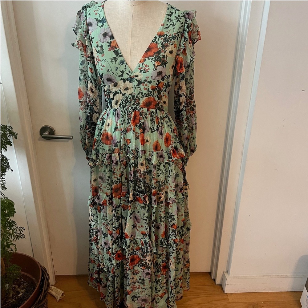 NWOT BHLDN Romantic Mint Floral Chiffon Plunge Long-Sleeve Ruffle Maxi Dress - Picture 3 of 12